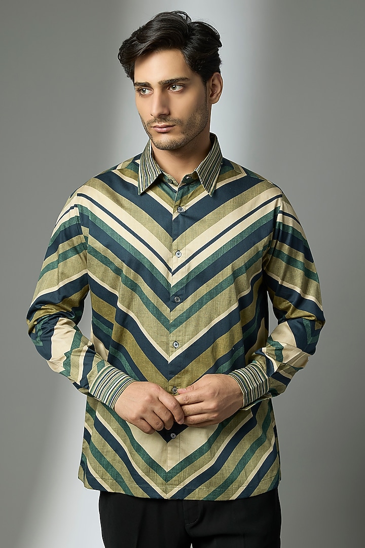 Beige Giza Cotton Striped Party Wear Shirt by JJV.Kapurthala By JJ Valaya Men at Pernia's Pop Up Shop