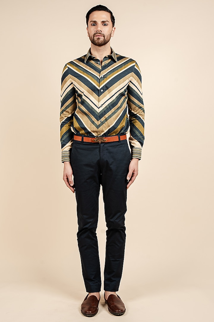 Beige Giza Cotton Striped Party Wear Shirt by JJV.Kapurthala By JJ Valaya Men at Pernia's Pop Up Shop