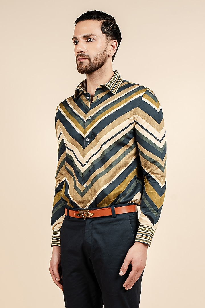 Beige Giza Cotton Striped Party Wear Shirt by JJV.Kapurthala By JJ Valaya Men at Pernia's Pop Up Shop