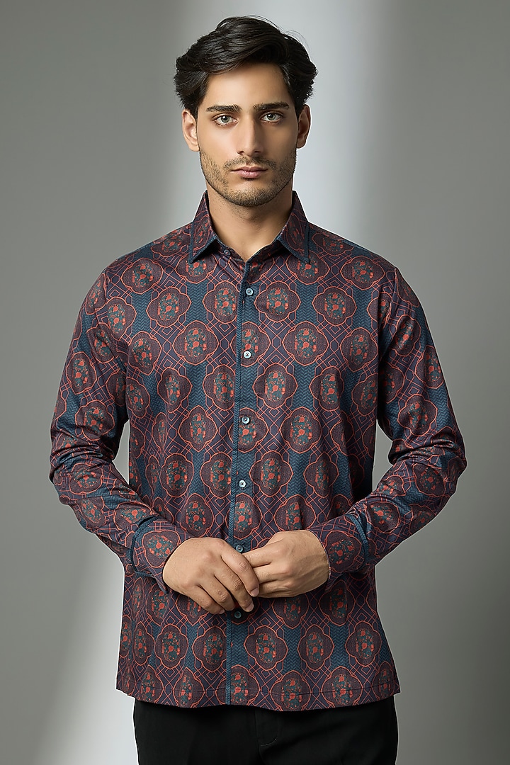 Midnight Blue & Burgundy Giza Cotton Wedding Shirt by JJV.Kapurthala By JJ Valaya Men at Pernia's Pop Up Shop