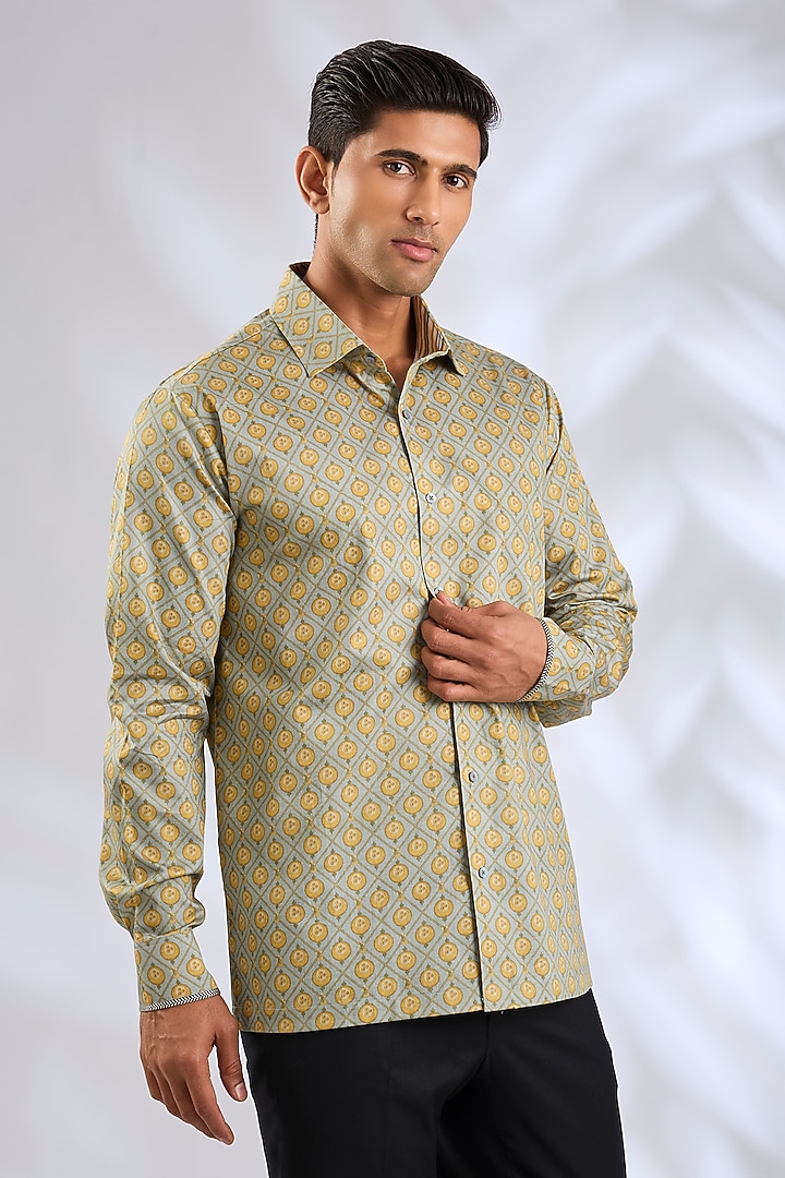 Green Giza Cotton Boota Printed Wedding Shirt by JJV.Kapurthala By JJ Valaya Men at Pernia's Pop Up Shop