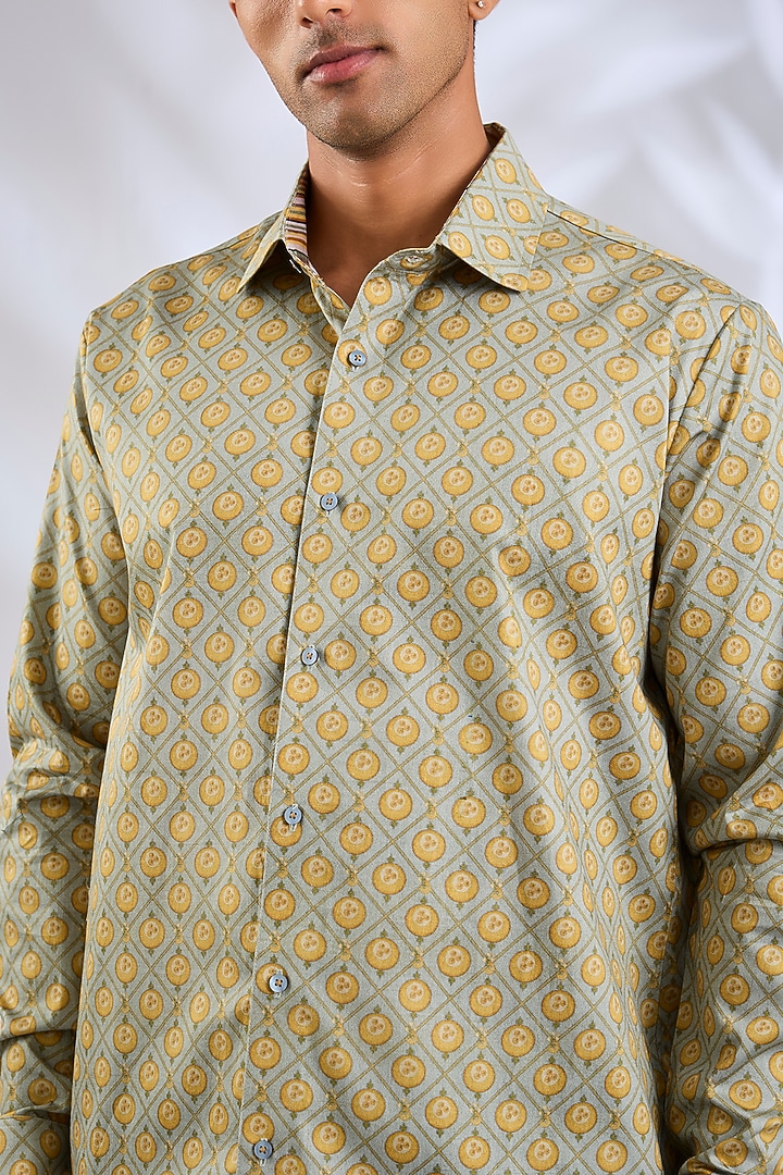 Green Giza Cotton Boota Printed Wedding Shirt by JJV.Kapurthala By JJ Valaya Men at Pernia's Pop Up Shop