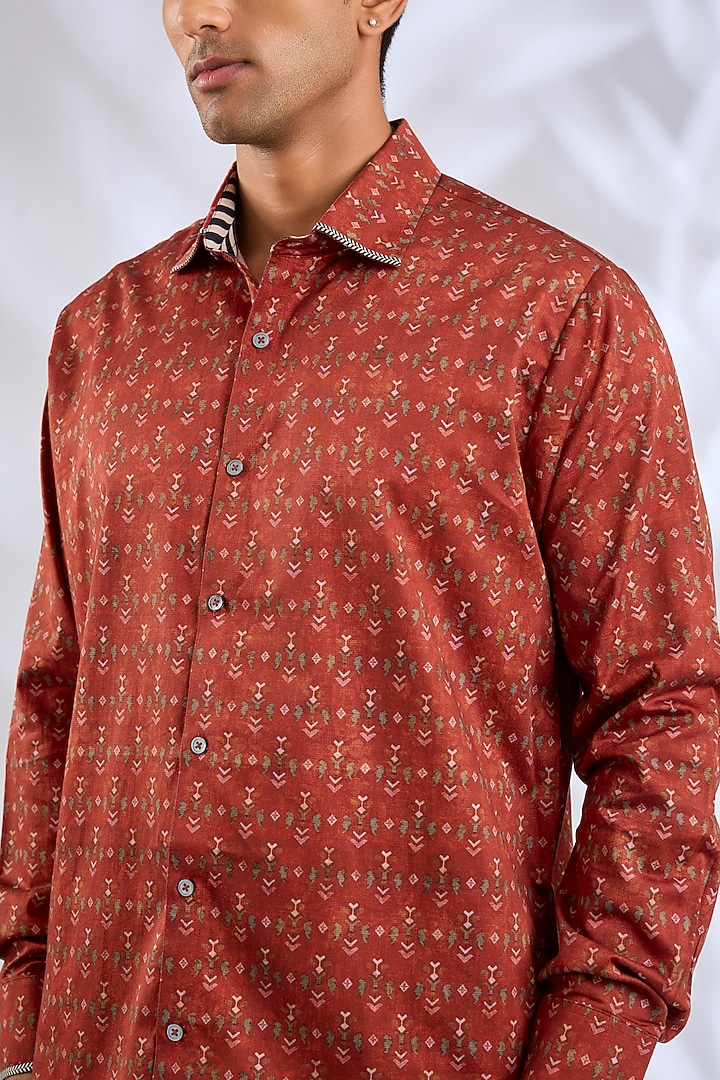 Crimson Red Giza Cotton Boota Printed Wedding Shirt by JJV.Kapurthala By JJ Valaya Men at Pernia's Pop Up Shop
