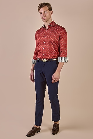 Crimson Red Giza Cotton Boota Printed Shirt by JJV.Kapurthala By JJ Valaya Men
