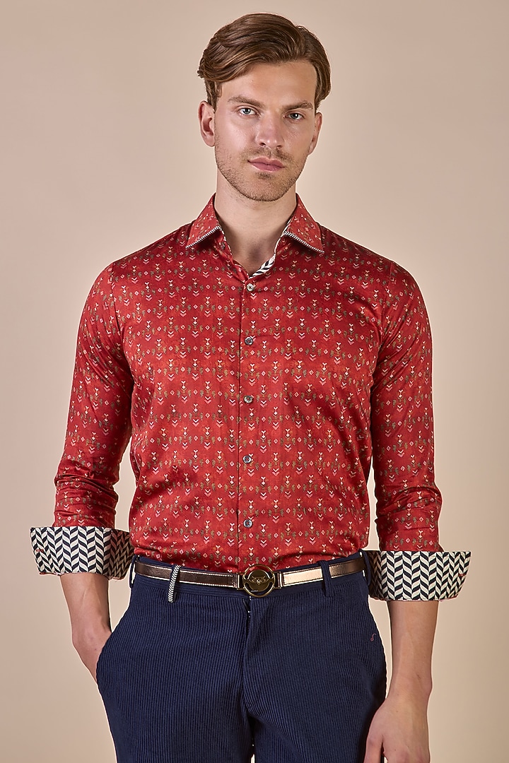 Crimson Red Giza Cotton Boota Printed Wedding Shirt by JJV.Kapurthala By JJ Valaya Men at Pernia's Pop Up Shop