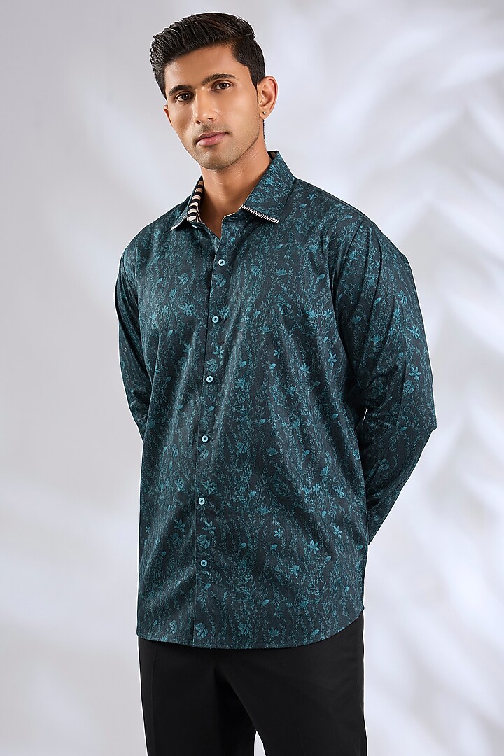 Prussian Blue Giza Cotton Floral Printed Wedding Shirt by JJV.Kapurthala By JJ Valaya Men at Pernia's Pop Up Shop