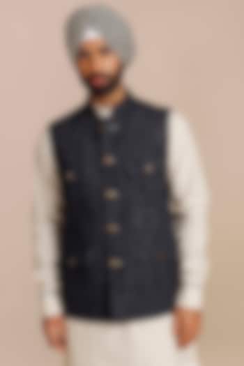 Midnight Blue Viscose Nehru Jacket by JJV.Kapurthala By JJ Valaya Men at Pernia's Pop Up Shop