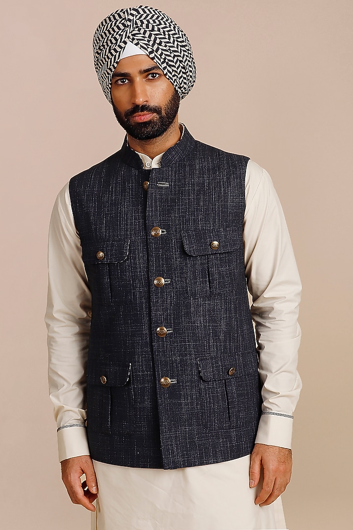 Midnight Blue Viscose Nehru Jacket by JJV.Kapurthala By JJ Valaya Men at Pernia's Pop Up Shop