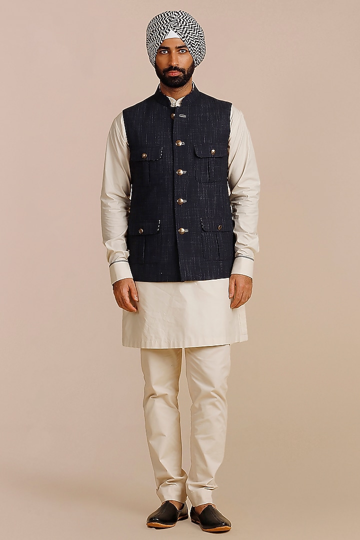 Midnight Blue Viscose Nehru Jacket by JJV.Kapurthala By JJ Valaya Men at Pernia's Pop Up Shop