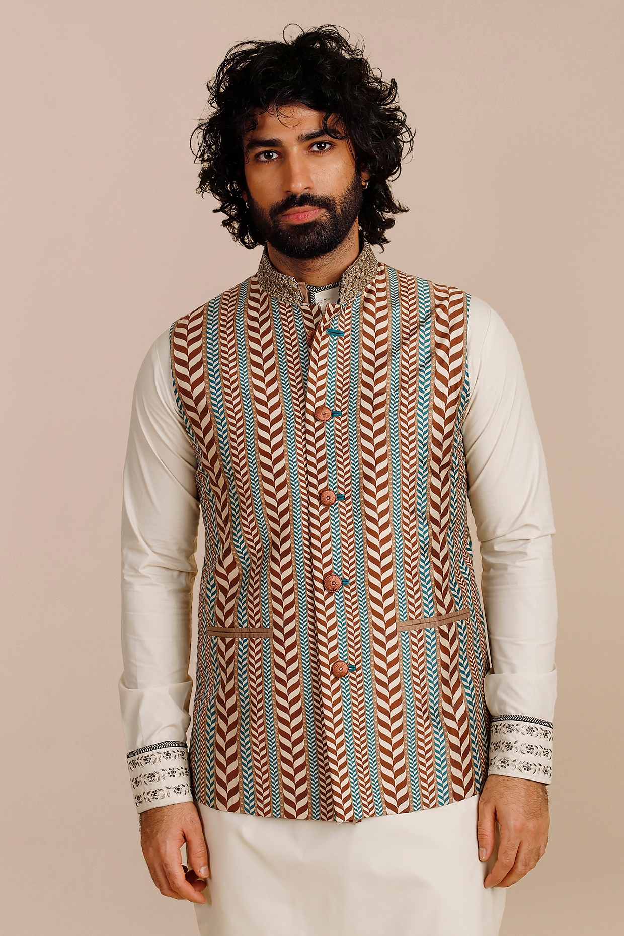JJV.Kapurthala By JJ Valaya Ivory-Orange Viscose Nehru Jacket