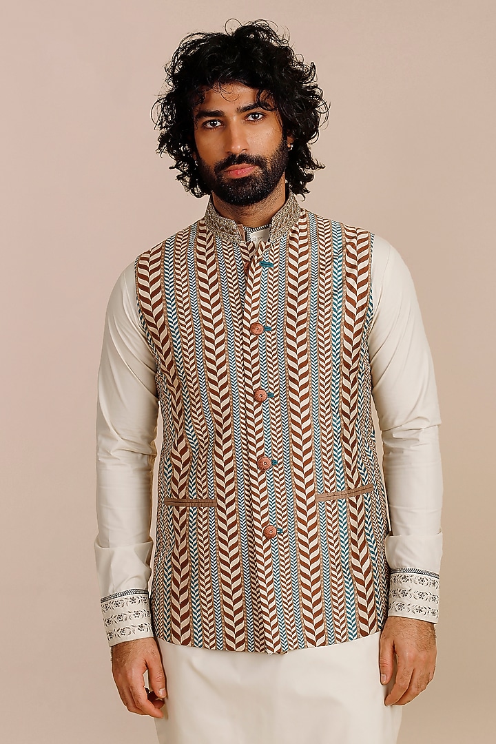 Ivory-Orange Viscose Nehru Jacket by JJV.Kapurthala By JJ Valaya Men at Pernia's Pop Up Shop