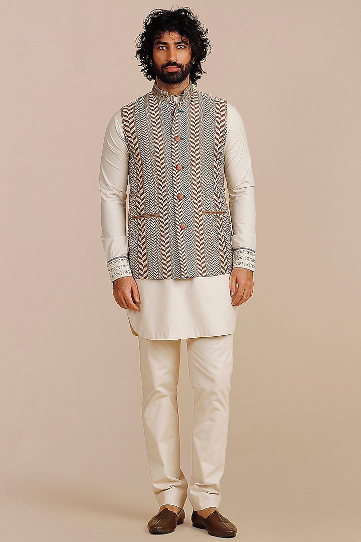 Ivory-Orange Viscose Nehru Jacket by JJV.Kapurthala By JJ Valaya