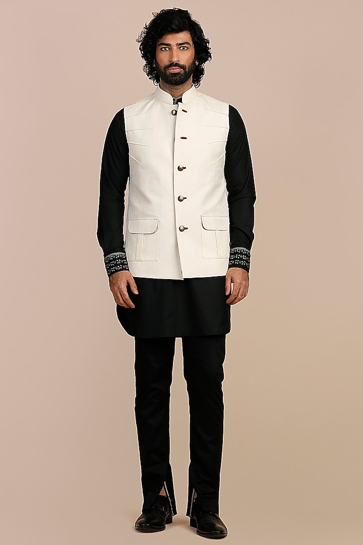 Ivory Viscose Nehru Jacket by JJV.Kapurthala By JJ Valaya Men at Pernia's Pop Up Shop