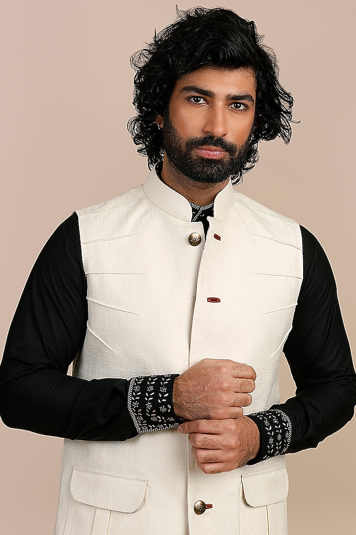 Ivory Viscose Nehru Jacket by JJV.Kapurthala By JJ Valaya Men at Pernia's Pop Up Shop