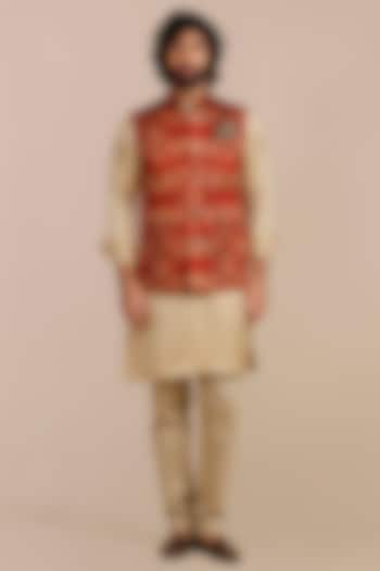 Rust Red Cotton Satin Linen Ikat Printed & Threadwork Nehru Jacket by JJV.Kapurthala By JJ Valaya Men at Pernia's Pop Up Shop