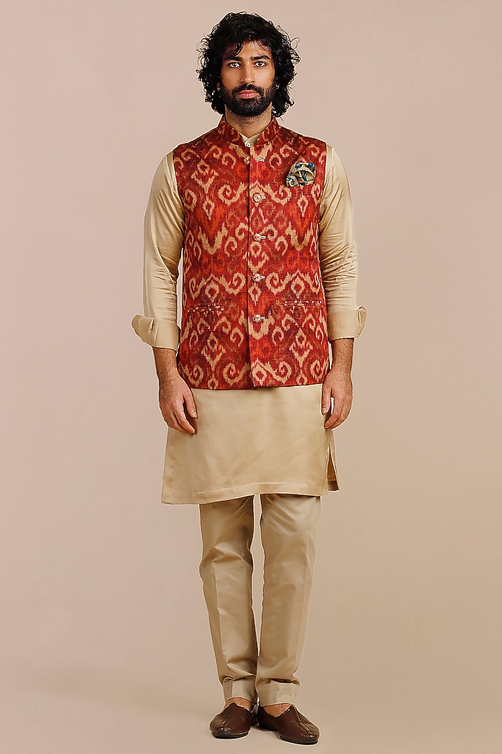 Rust Red Cotton Satin Linen Ikat Printed & Threadwork Nehru Jacket by JJV.Kapurthala By JJ Valaya Men at Pernia's Pop Up Shop