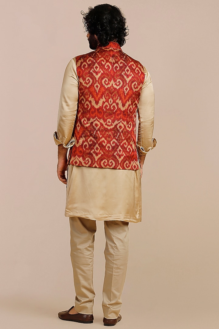 Rust Red Cotton Satin Linen Ikat Printed & Threadwork Nehru Jacket by JJV.Kapurthala By JJ Valaya Men at Pernia's Pop Up Shop