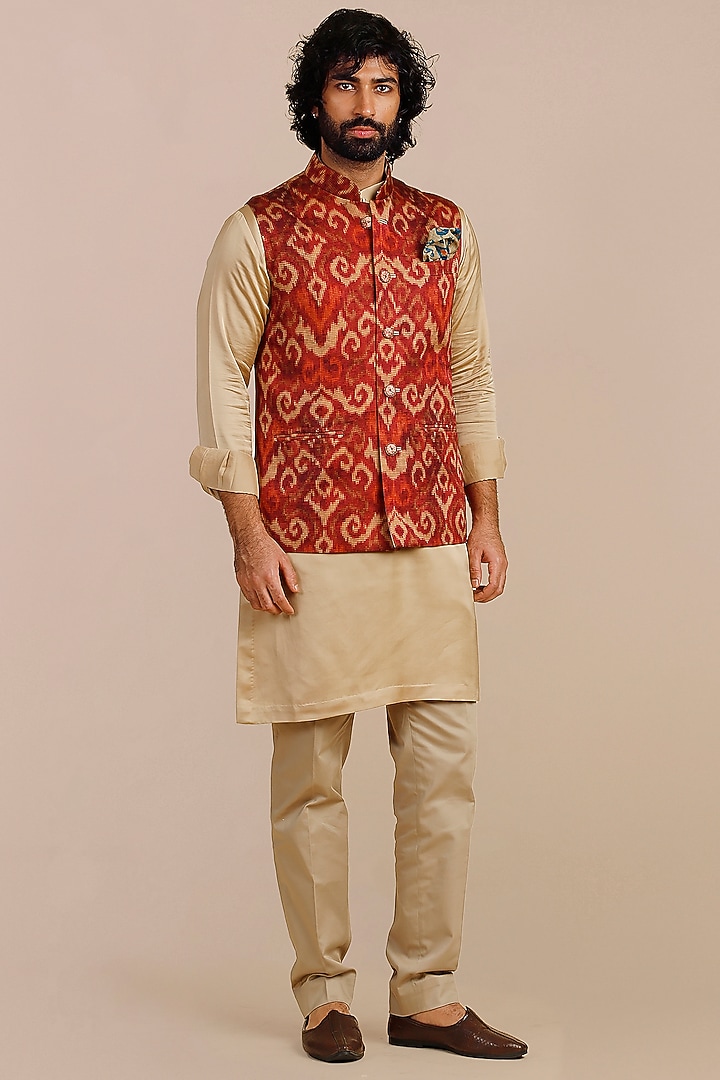 Rust Red Cotton Satin Linen Ikat Printed & Threadwork Nehru Jacket by JJV.Kapurthala By JJ Valaya Men at Pernia's Pop Up Shop