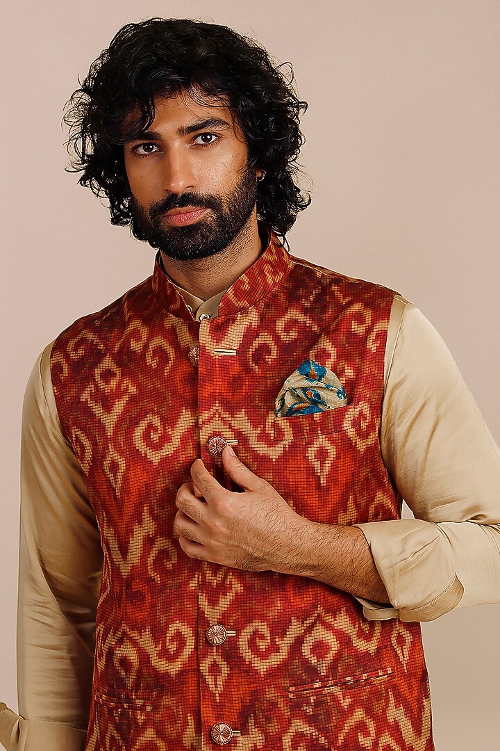 Rust Red Cotton Satin Linen Ikat Printed & Threadwork Nehru Jacket by JJV.Kapurthala By JJ Valaya Men at Pernia's Pop Up Shop