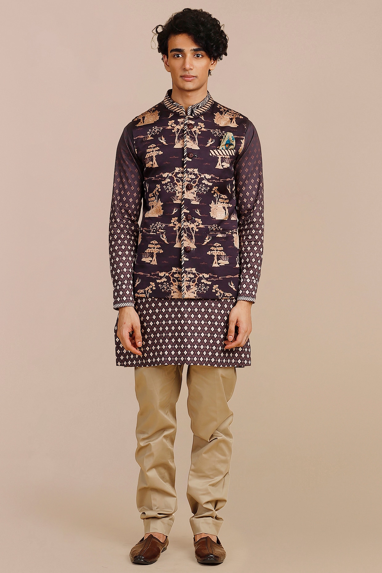 JJV.Kapurthala By JJ Valaya Imperial Purple Cotton Satin Linen Printed & Threadwork Nehru Jacket