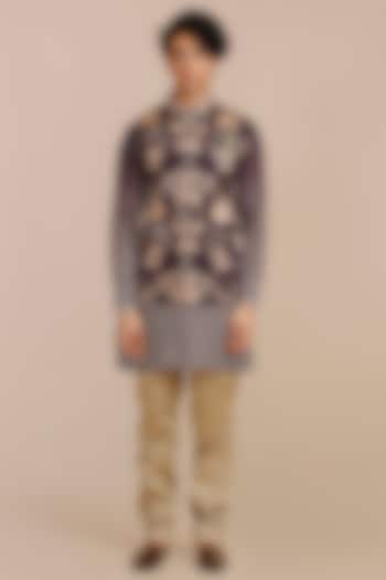 Imperial Purple Cotton Satin Linen Printed & Threadwork Nehru Jacket by JJV.Kapurthala By JJ Valaya Men at Pernia's Pop Up Shop