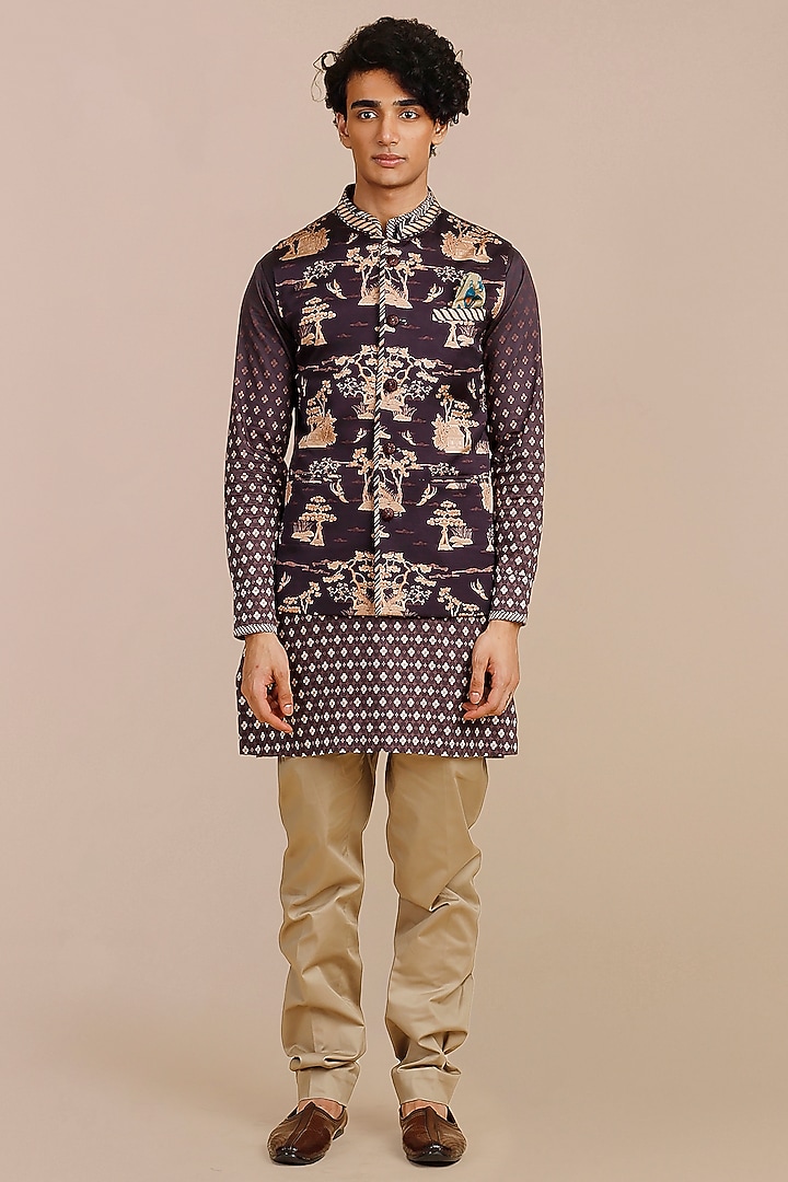 Imperial Purple Cotton Satin Linen Printed & Threadwork Nehru Jacket by JJV.Kapurthala By JJ Valaya Men at Pernia's Pop Up Shop