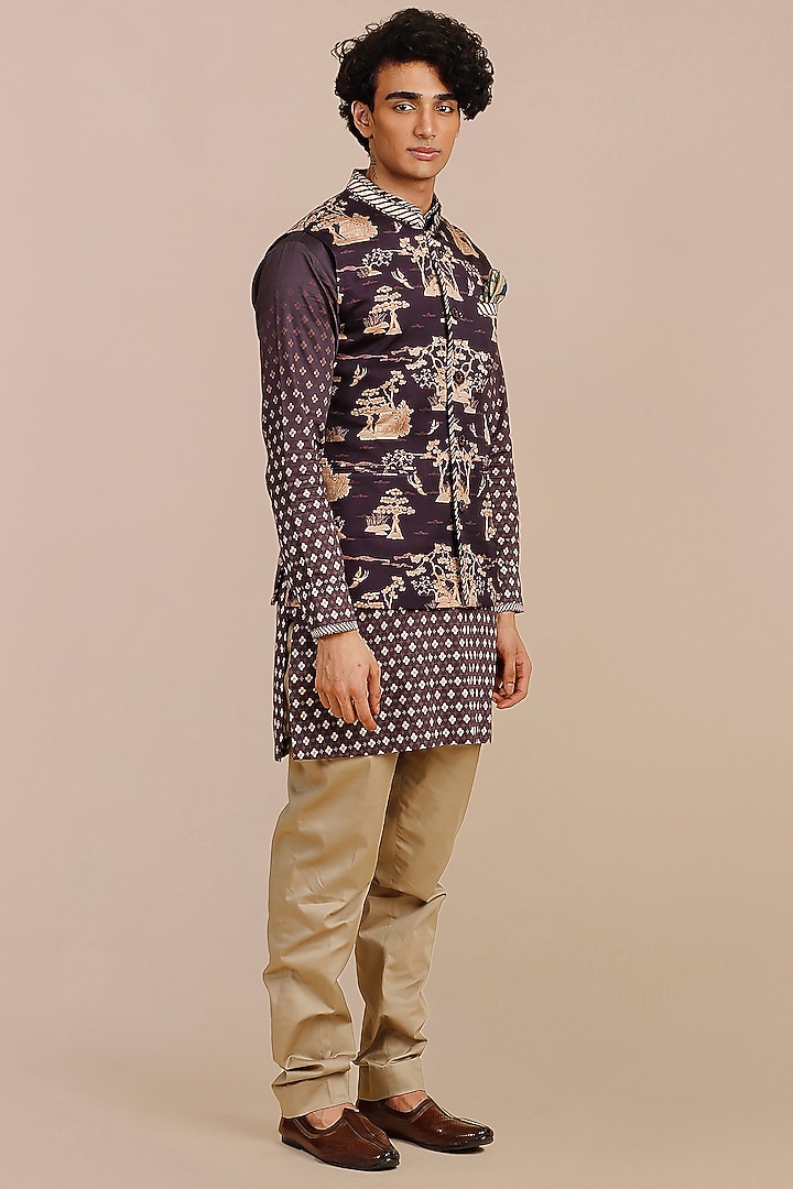 Imperial Purple Cotton Satin Linen Printed & Threadwork Nehru Jacket by JJV.Kapurthala By JJ Valaya Men at Pernia's Pop Up Shop