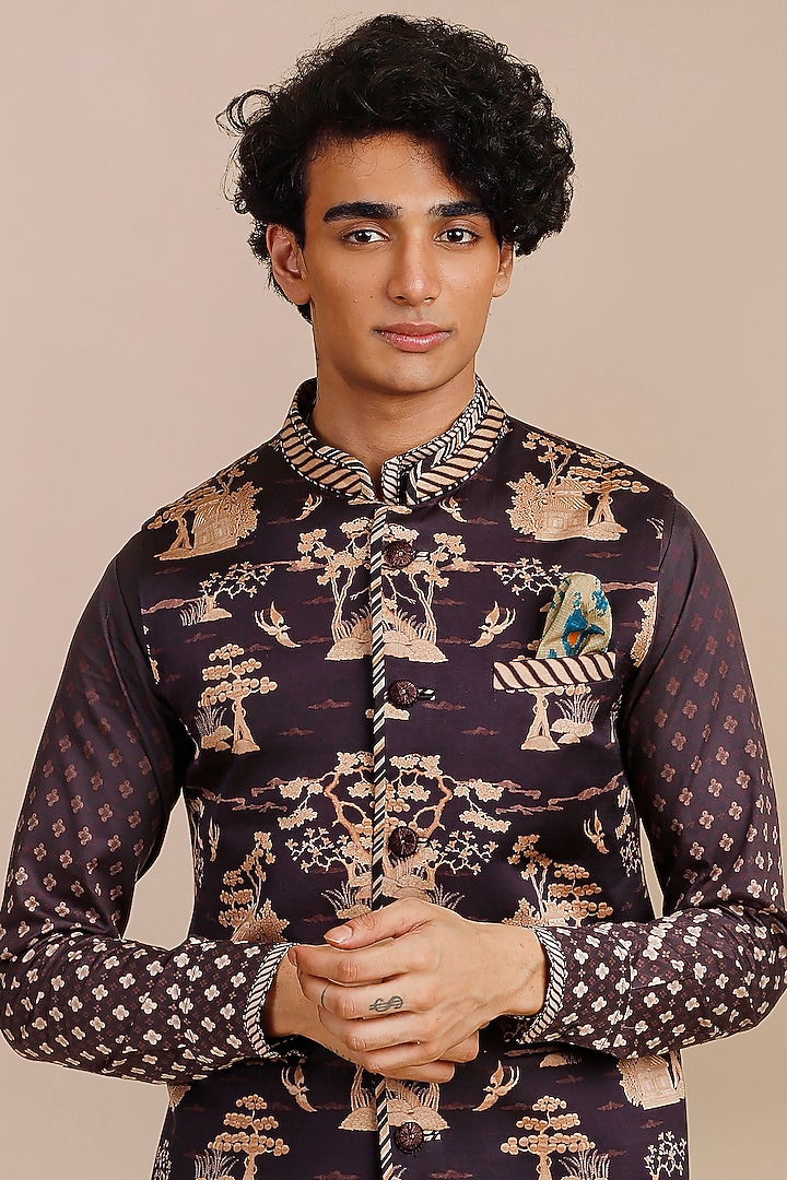 Imperial Purple Cotton Satin Linen Printed & Threadwork Nehru Jacket by JJV.Kapurthala By JJ Valaya Men at Pernia's Pop Up Shop