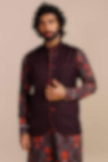 Mulberry Purple Cotton Satin Linen Printed & Threadwork Nehru Jacket by JJV.Kapurthala By JJ Valaya Men at Pernia's Pop Up Shop