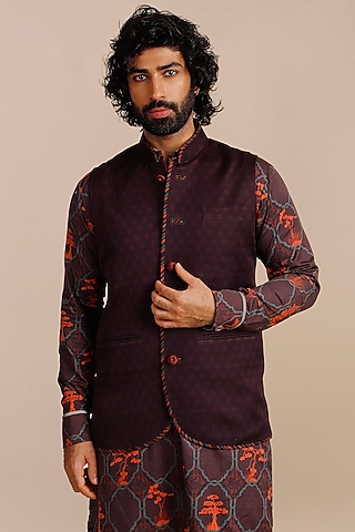 Mulberry Purple Cotton Satin Linen Printed & Threadwork Nehru Jacket by JJV.Kapurthala By JJ Valaya Men