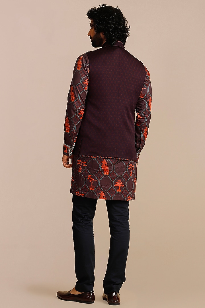 Mulberry Purple Cotton Satin Linen Printed & Threadwork Nehru Jacket by JJV.Kapurthala By JJ Valaya Men at Pernia's Pop Up Shop