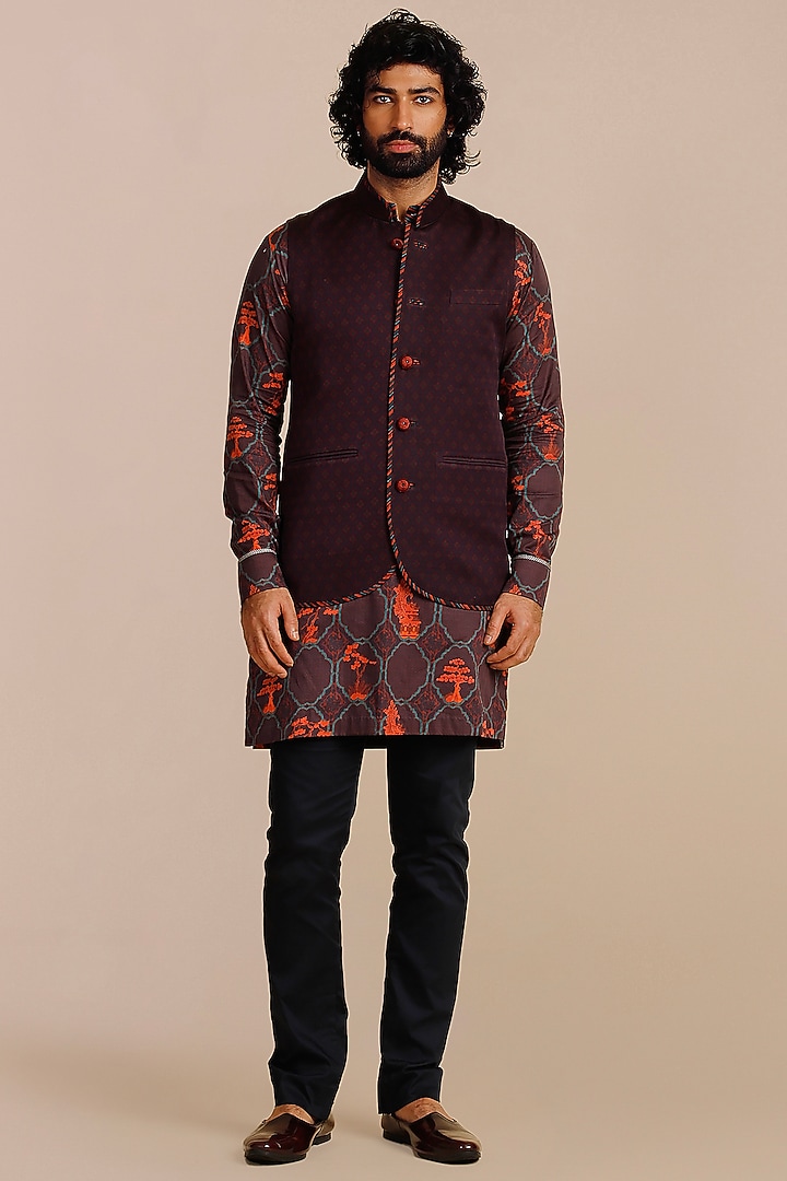 Mulberry Purple Cotton Satin Linen Printed & Threadwork Nehru Jacket by JJV.Kapurthala By JJ Valaya Men at Pernia's Pop Up Shop