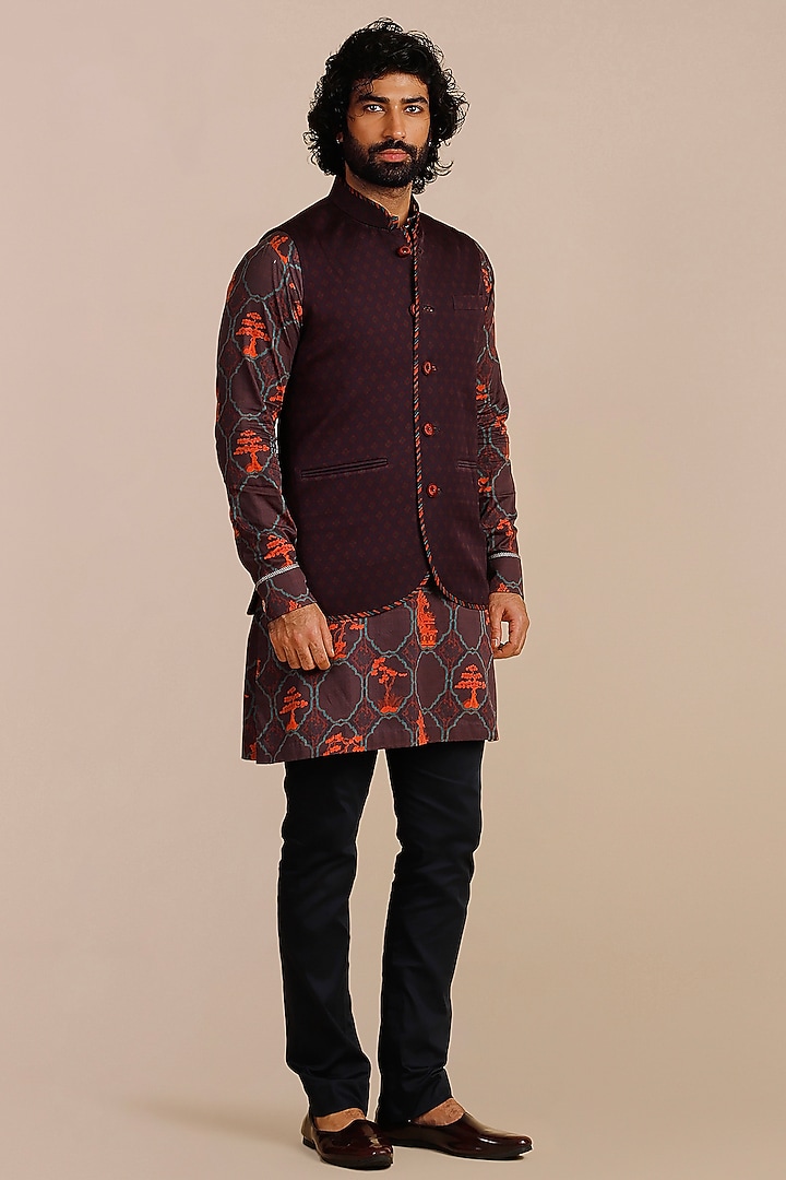 Mulberry Purple Cotton Satin Linen Printed & Threadwork Nehru Jacket by JJV.Kapurthala By JJ Valaya Men at Pernia's Pop Up Shop