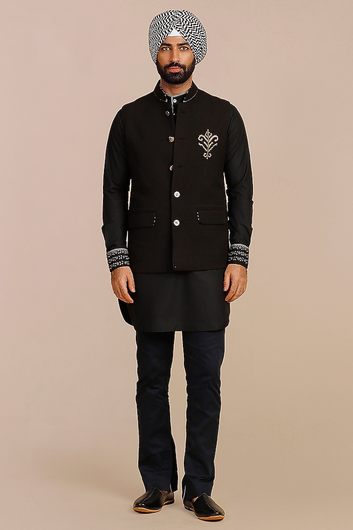 Midnight Black Viscose Threadwork Nehru Jacket by JJV.Kapurthala By JJ Valaya Men at Pernia's Pop Up Shop