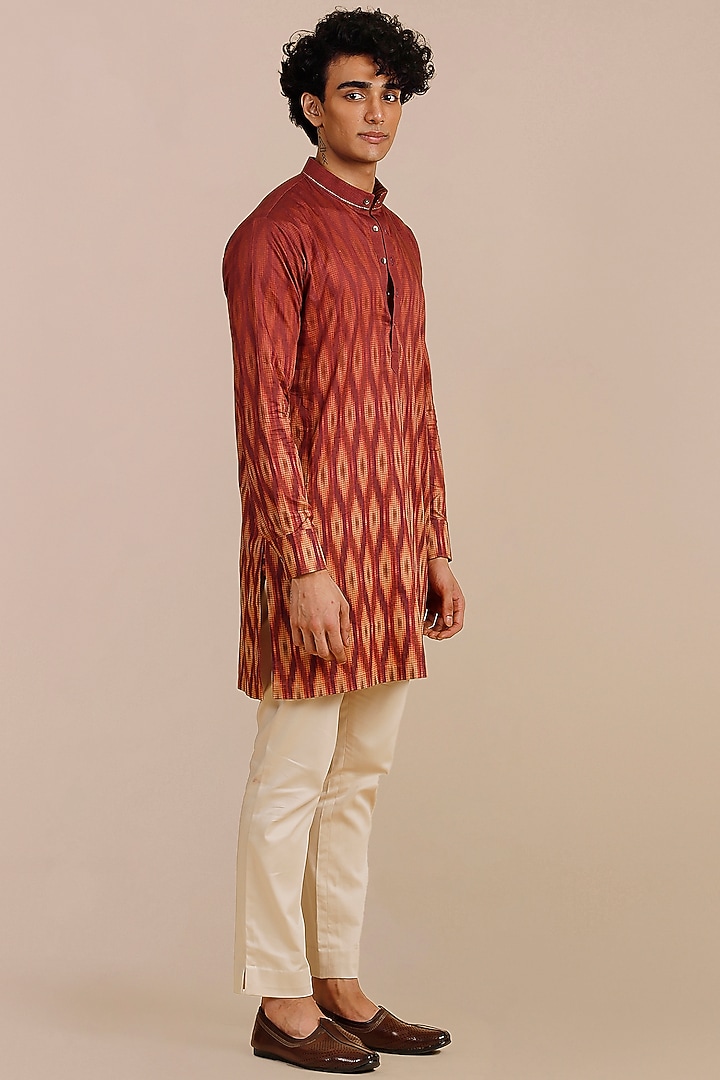Red Giza Cotton Ikat Printed Kurta by JJV.Kapurthala By JJ Valaya Men at Pernia's Pop Up Shop