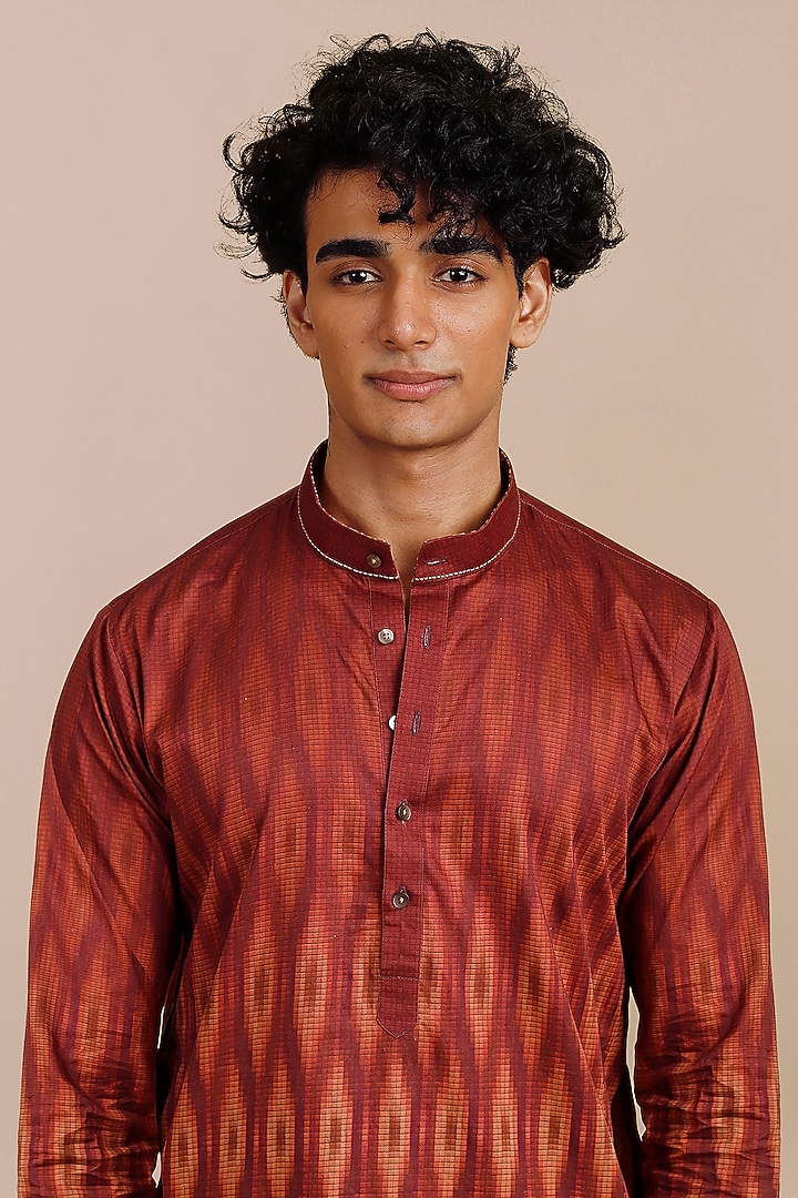 Red Giza Cotton Ikat Printed Kurta by JJV.Kapurthala By JJ Valaya Men at Pernia's Pop Up Shop