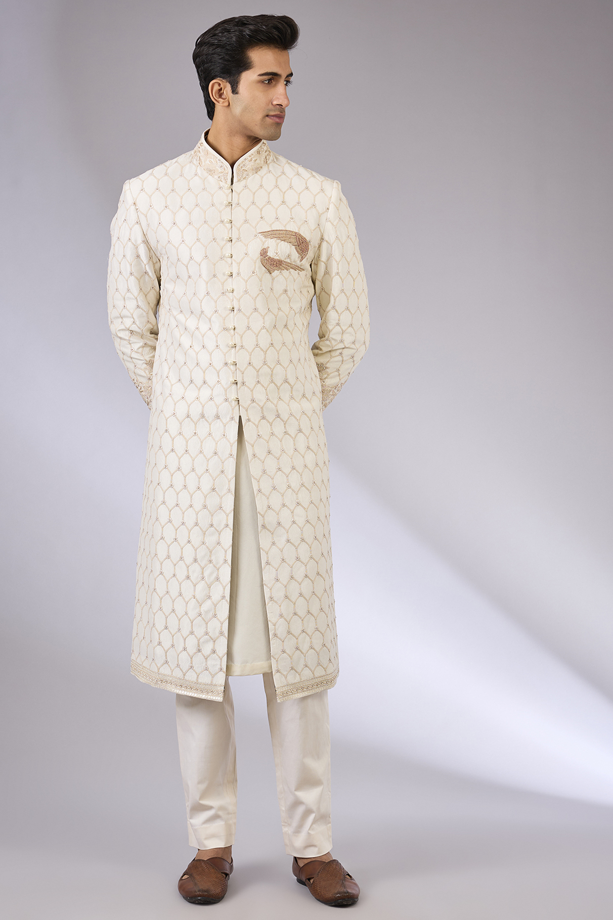 Ivory Silk Sherwani Set by JJ Valaya Men