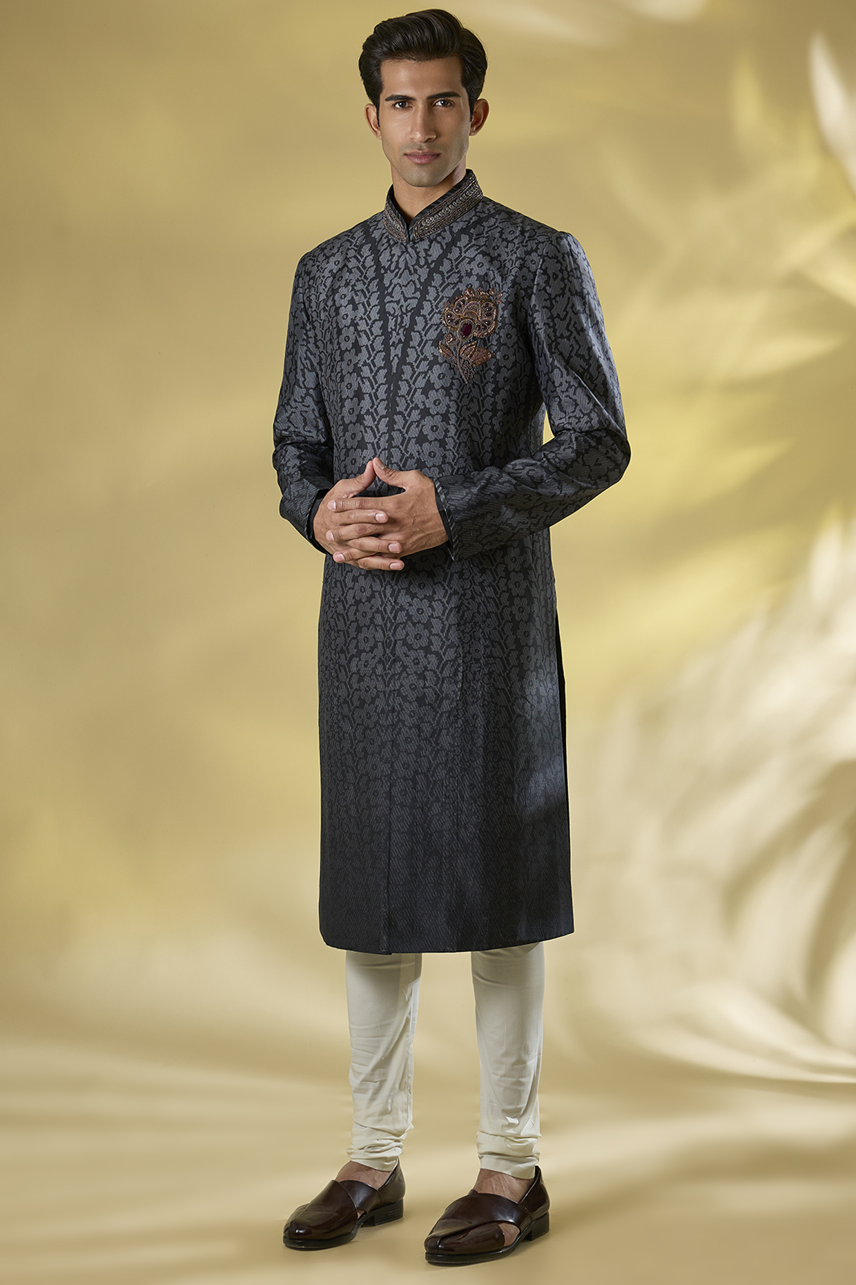 Black Slubless Dupion Dabka Embroidered Sherwani Set by JJ Valaya Men
