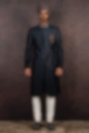 Black Slubless Dupion Dabka Embroidered Groom Sherwani Set by JJ Valaya Men at Pernia's Pop Up Shop