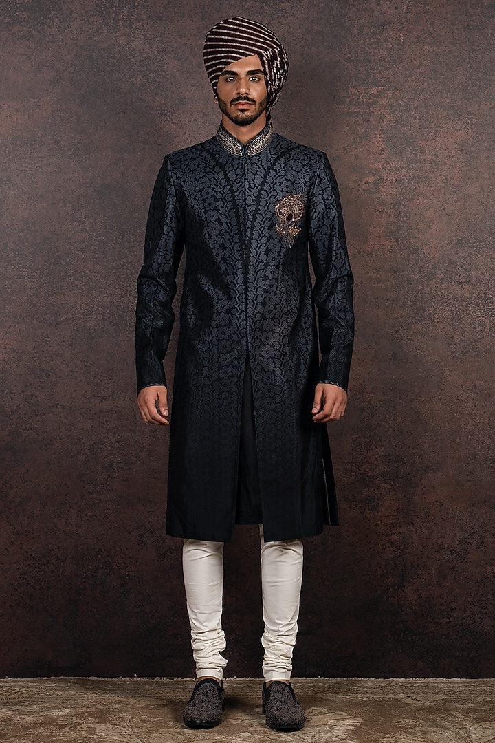 Black Slubless Dupion Dabka Embroidered Groom Sherwani Set by JJ Valaya Men at Pernia's Pop Up Shop