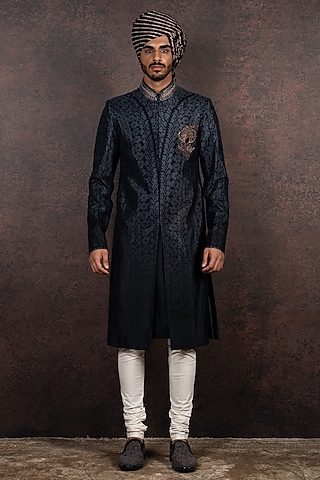 Black Slubless Dupion Dabka Embroidered Sherwani Set by JJ Valaya Men