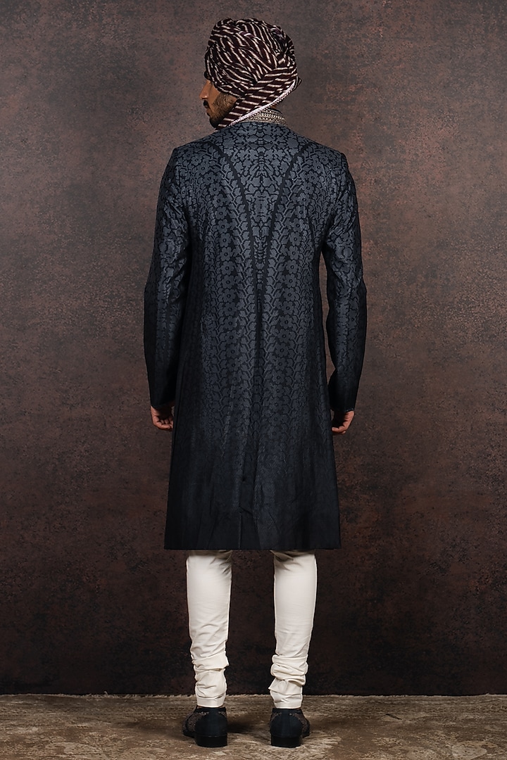 Black Slubless Dupion Dabka Embroidered Groom Sherwani Set by JJ Valaya Men at Pernia's Pop Up Shop