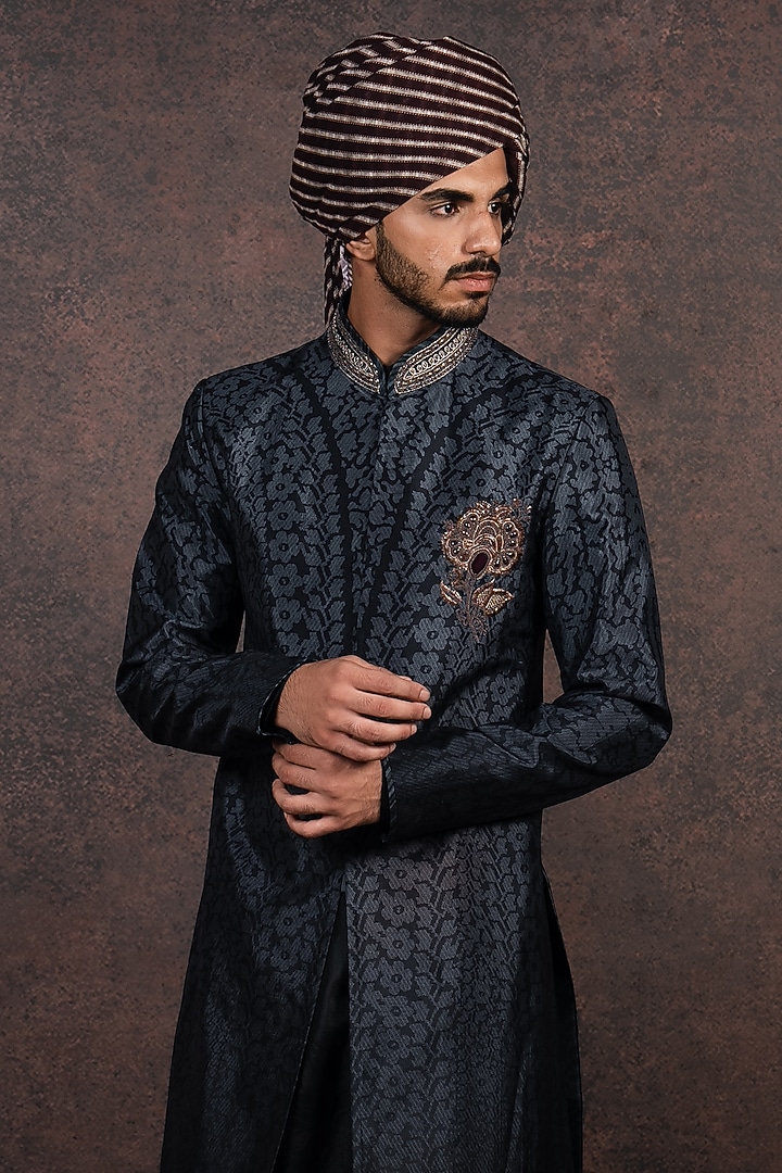 Black Slubless Dupion Dabka Embroidered Groom Sherwani Set by JJ Valaya Men at Pernia's Pop Up Shop