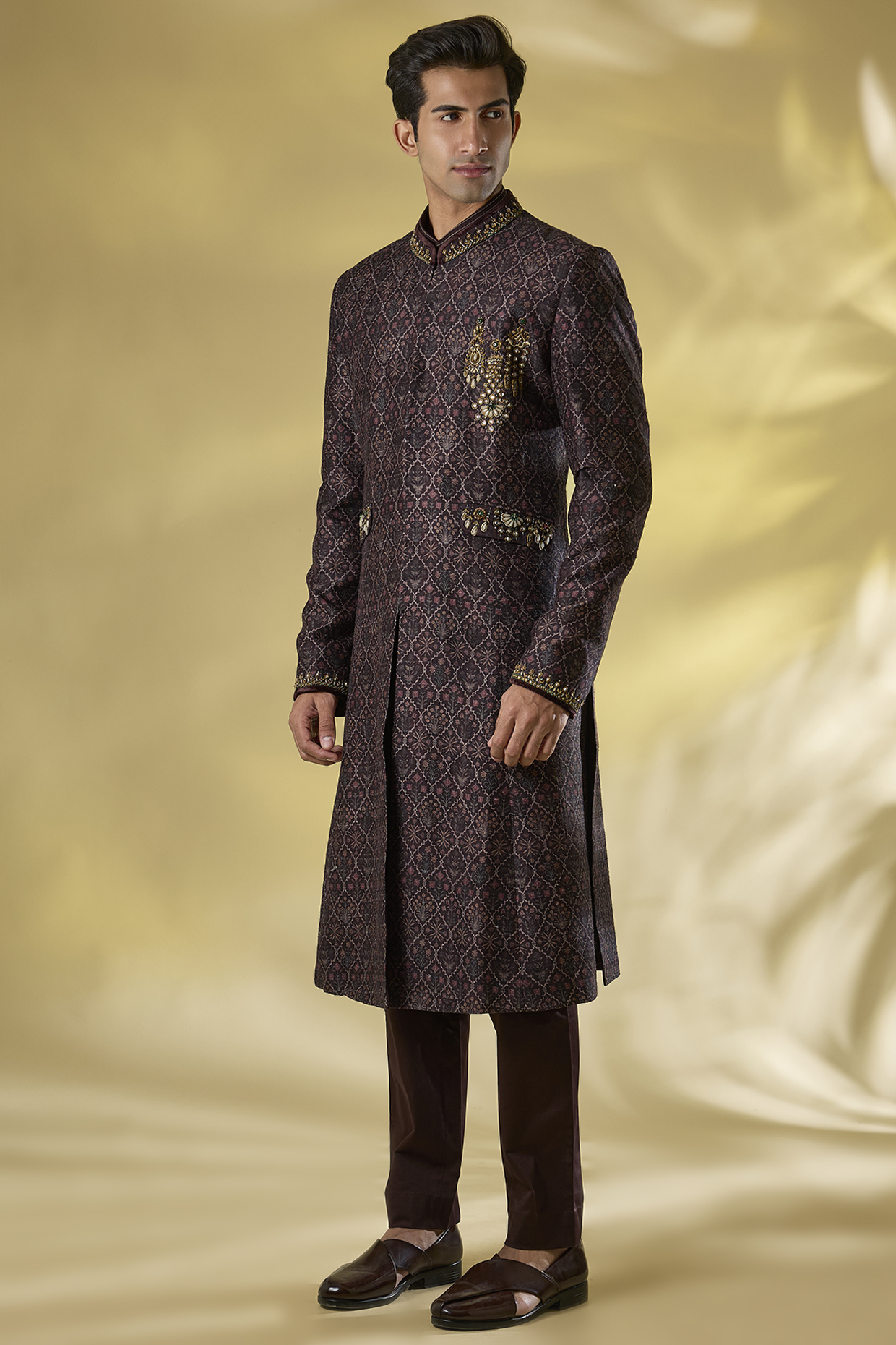 Maroon Raw silk Dabka Embroidered Sherwani Set by JJ Valaya Men