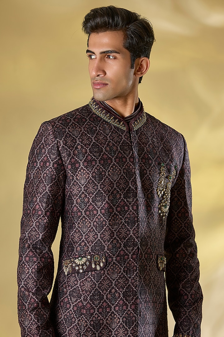 Maroon Raw silk Dabka Embroidered Groom Sherwani Set by JJ Valaya Men at Pernia's Pop Up Shop