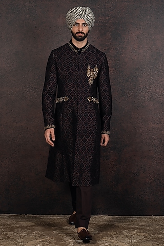 Maroon Raw silk Dabka Embroidered Sherwani Set by JJ Valaya Men
