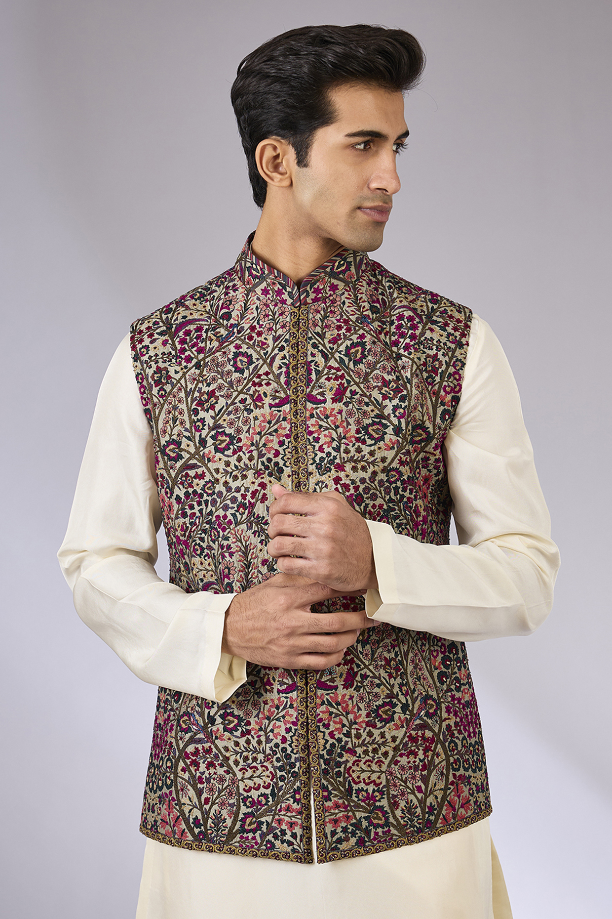 Multi-Colored Silk Bundi Jacket by JJ Valaya Men
