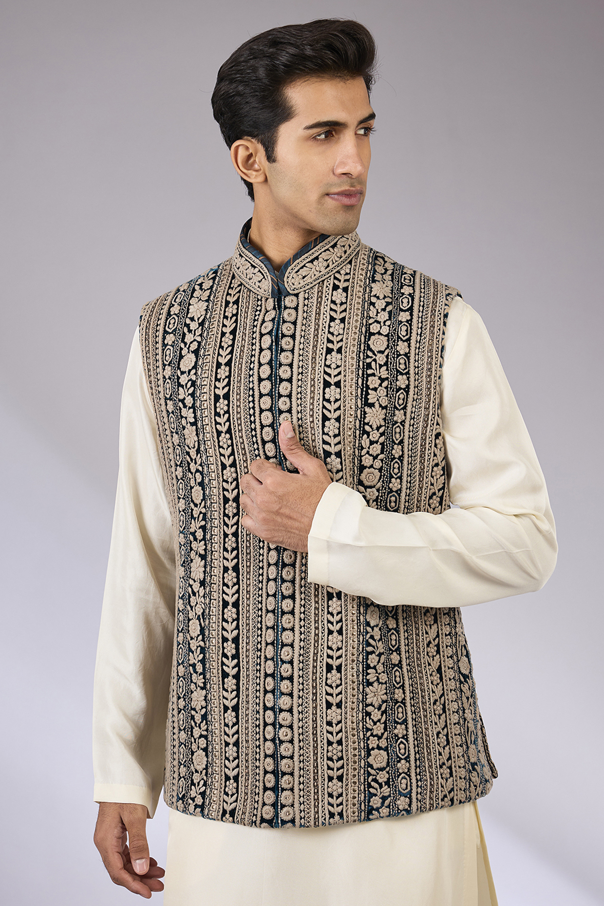 Blue Silk Bundi Jacket  by JJ Valaya Men