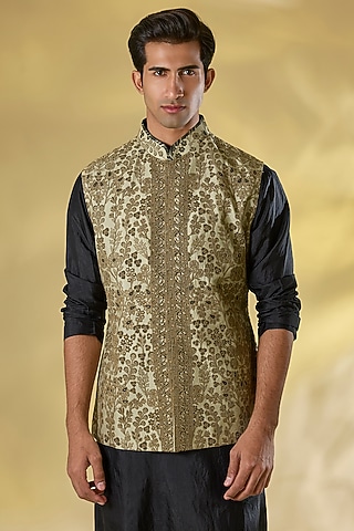 Gold Slubless Dupion Dori Embroidered Nehru Jacket by JJ Valaya Men