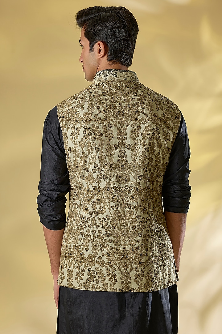 Gold Slubless Dupion Dori Embroidered Nehru Jacket by JJ Valaya Men at Pernia's Pop Up Shop